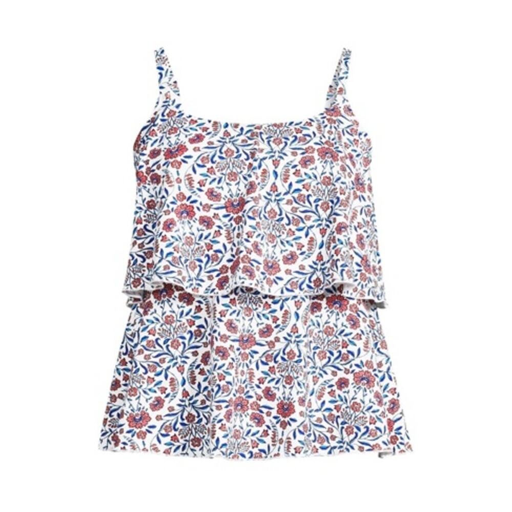 Lands End Blue & Coral Floral Tiered Adjustable Strap Swim Tankini Top 1X
